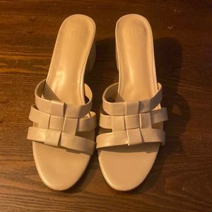 Cream colored summer sandals. Small heel, 2 inches. Size 9.5